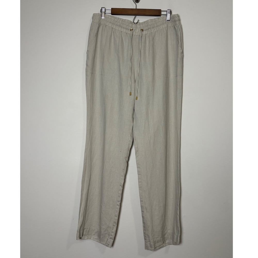 Ellen Tracy Womens Linen Pants M Coastal Beige Elastic Drawstring Straight Leg